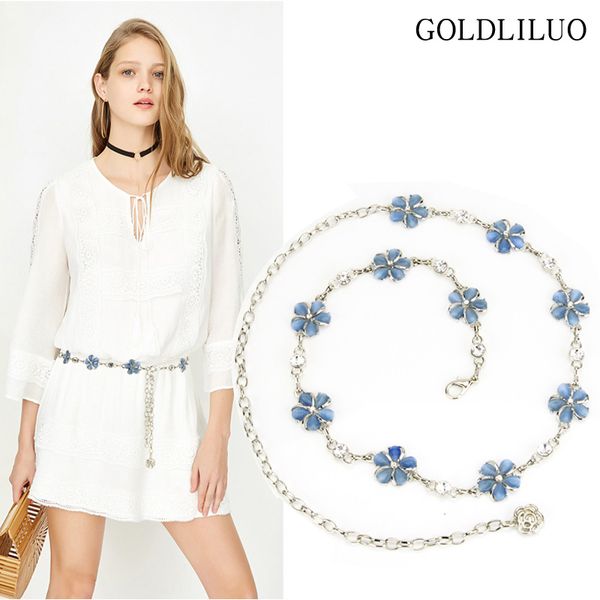 

luxury crystal diamond gold silver belts for women chain elegant flower leaf shape wedding waist metal waistband ceinture femme, Black;brown