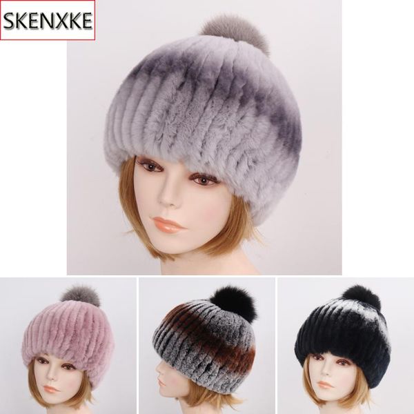 

2020 lady real rex fur hat with fur pompoms women thicken female caps winter knitted real beanies hats, Blue;gray