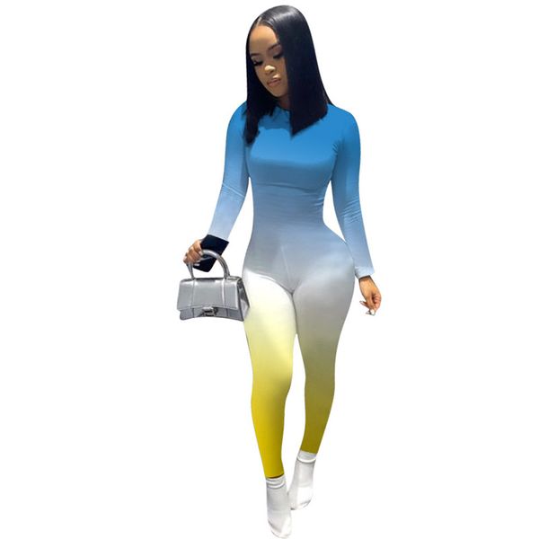 

women bodysuit jumpsuits rompers girls legging pants gradient long sleeve clothes skinny onesies night club party outfit d8407, White