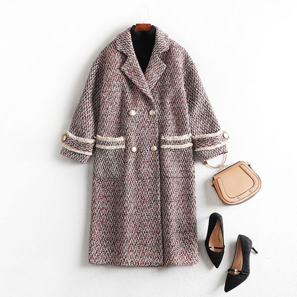 

2020 autumn winter women long tweed woolen coats tassel turn down collar double breasted plus size outerwear 4xl 5xl y476, Black