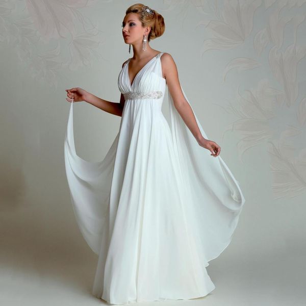 

Greek Goddess Wedding Dresses 2019 V Neck Empire A Line Full Length Beading White Chiffon Summer Beach Pregnant Bridal Gowns