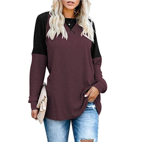 

autumn and winter popular womens european and american selling long-sleeved panel round neck leisure t-shirt loose top, White