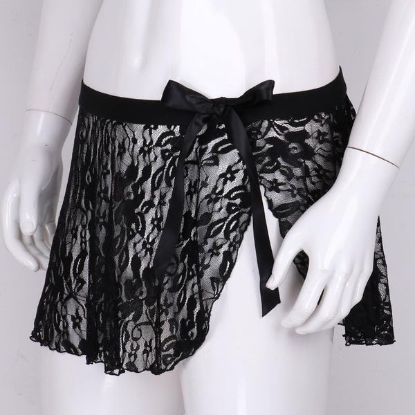 

male mens sissy mini skirt see through sheer lace lingerie mid rise elastic waistband side split with bowknot mini skirt, Black;pink