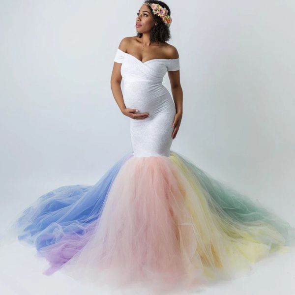 

new 2020 lace shoulderless pregnancy dress pgraphy long sleeve rainbow mesh for women pregnancy dress pgraphy, White