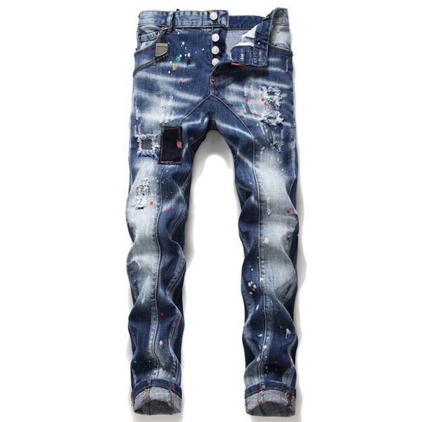

men's jeans printed with hole washed casual skinny denim jean for man 100% cotton button zipper quality, Blue