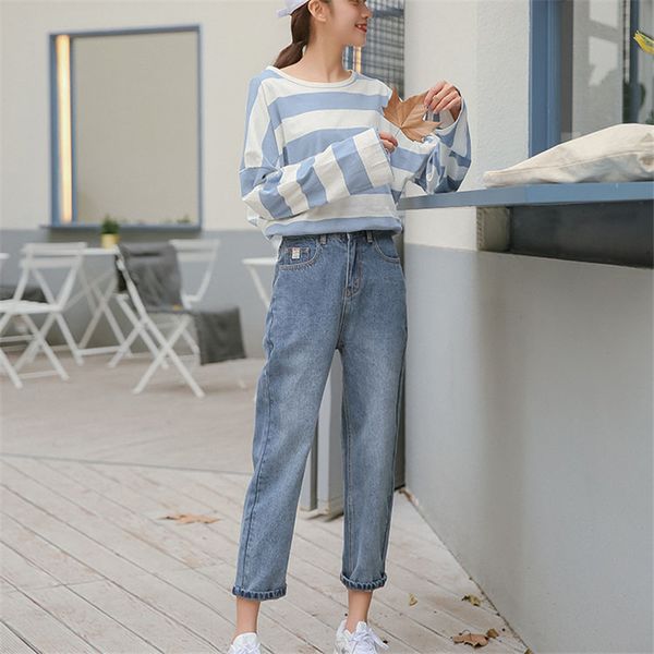 

2020 women high waist loose wide leg women jean korean style retro vintage pockets all-match simple daily, Blue