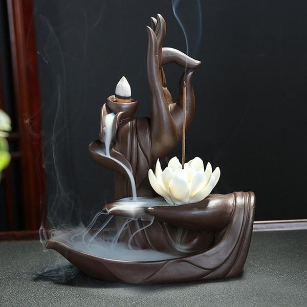 Cerâmica Backflow queimador de incenso Tathagata Buddha Lotus incenso Cones vara suporte Smoke Cachoeira Creative Home Decor Bouddha