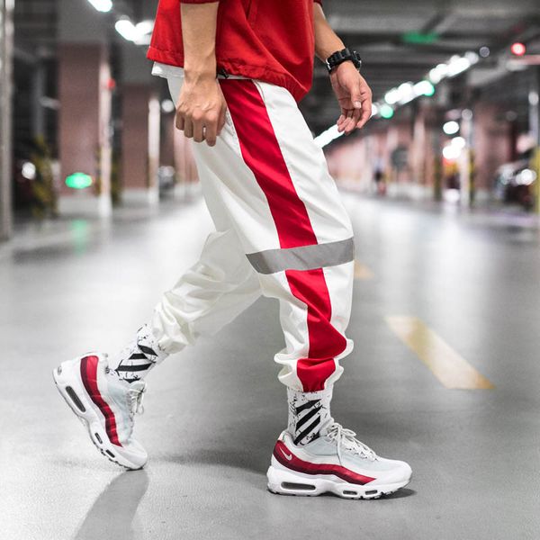 

men's pants summer thin side stripe hip hop reflective pant drawstring sweat trousers men 5xl harem joggers, Black