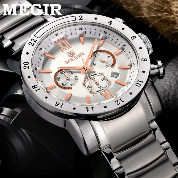 

megir brand quartz watches for men man's business white wristwatch fashion three-eyes waterproof luminous watch for male, Slivery;brown
