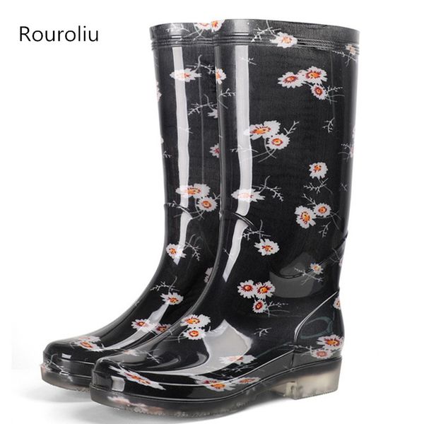 

rouroliu women's printed high rainboots waterproof water shoes wellies non-slip pvc rain boots woman rb268, Black