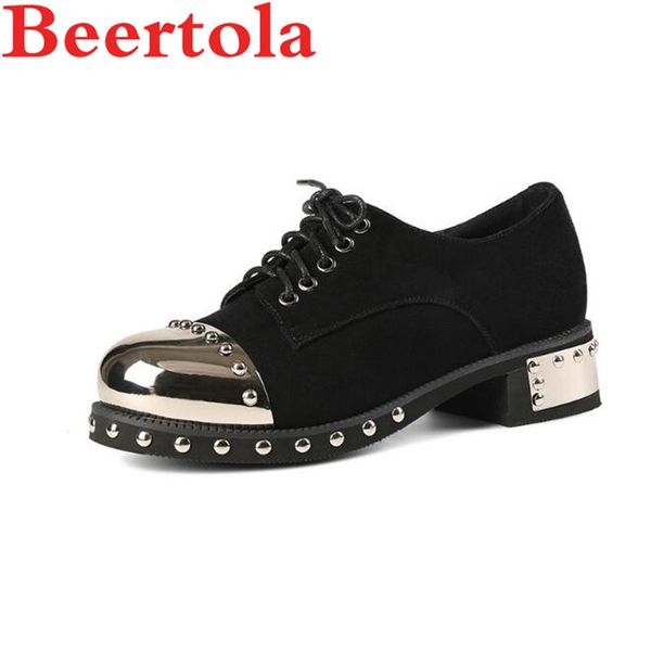 

autumn women's pumps suede lace up metal round toe rivets gladiator casual shoes women black 4cm heels british style shoes women
