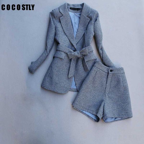 

autumn spring long sleeve jacket coat women outwears plaid tweed shorts suit women 2 pieces sets suits clothes, Gray