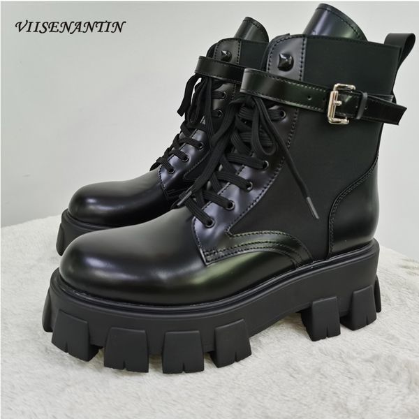 

black goth runway pocket metal buckle boots thick sole platform cross strap brand designed ankle motorcycle boots for women