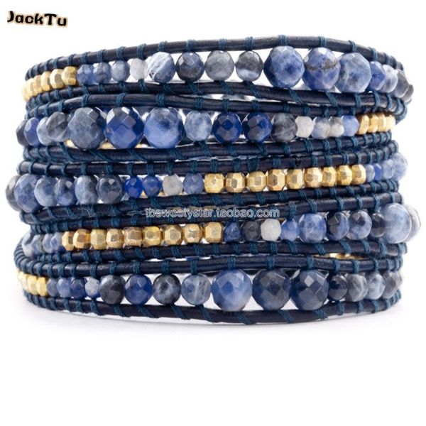 

wholesale mix size sodalite laser beads leather wrap bracelet, Golden;silver