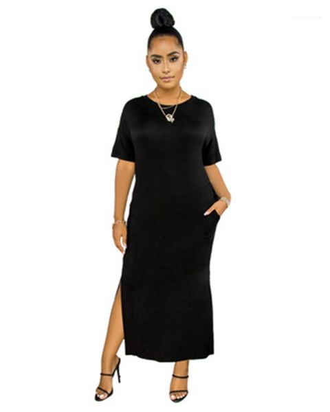 

elasticity dress elegant casual open side short sleeve dresses summer designer female long section solid color dresses womens multicolor, Black;gray