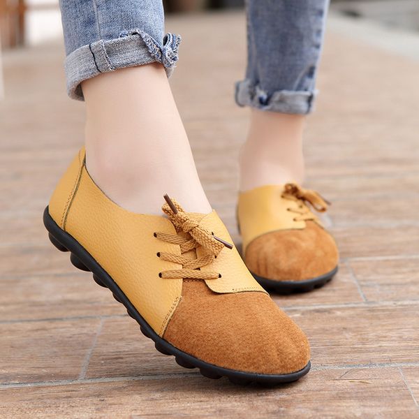 

women walking shoes genuine leather round toe loafers patchwork boat shoes flat female sneakers outdoor footwear big size 35-44
