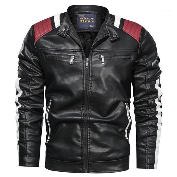 

pu leather jacket slim fit stand collar splice long sleeve winter homme coat mens designer casual, Black
