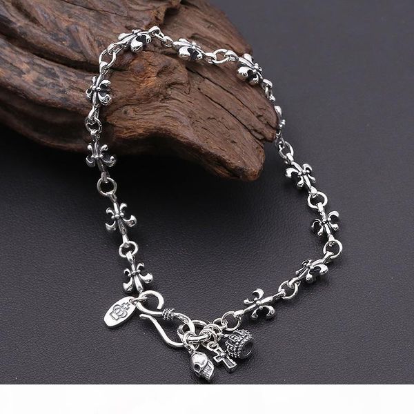 

2018 new 925 sterling silver fashion jewelry vintage american brand hand-made designer cross crown skull scroll charm bracelet women, Golden;silver