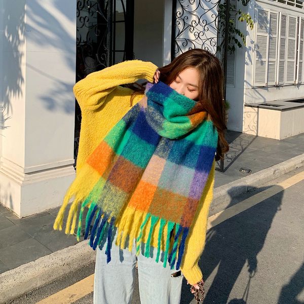 

new color thick braided scarf, european and american wind circle gauze plaid four-color scarf, ladies warm scarf, Blue;gray