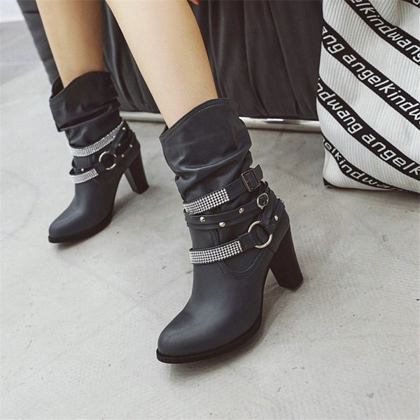 

2020 winter new mid-high heel leather belt buckle rivetsvintage british style boots sequins rhinestones round head boots, Black