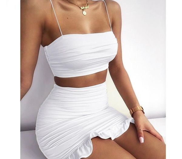 

summer women matching set spaghetti strap crop white and mini bodycon skirt ruffles party outfit club two piece sets t200610, Gray