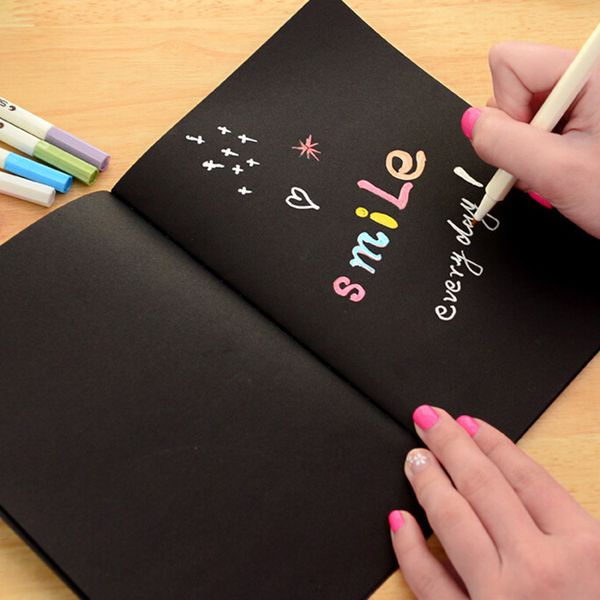

28 pages diary notebook black paper notepad sketch graffiti notebook for drawing painting office school stationery 13x14.5cm, Purple;pink