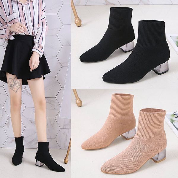 

middle boots women's spring and autumn single boots short 2020 socks women's winter thick heel pointed elastic thin, Black