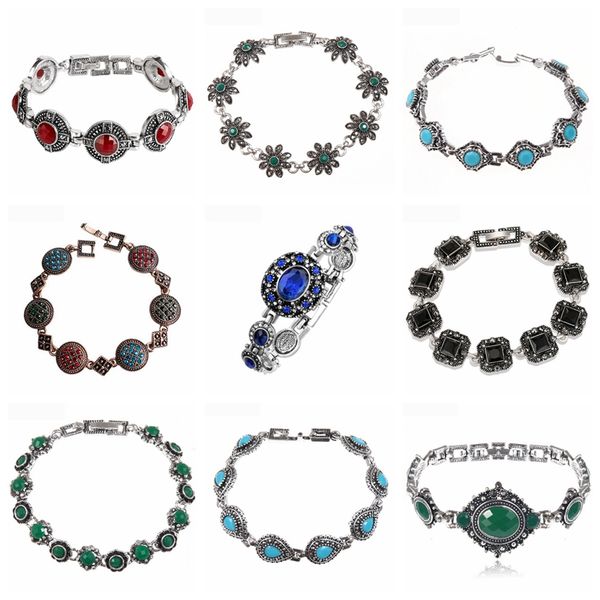 

wholesale 32 different style bohemia ancient white gold color vintage bracelets for women ethnic jewelry, Black