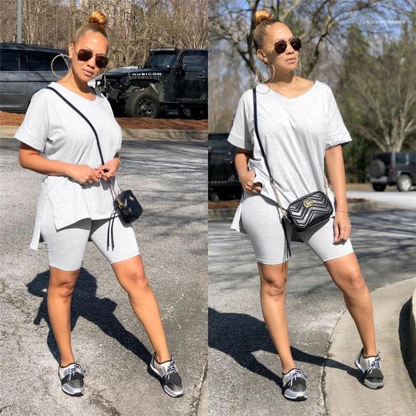 

summer solid color casual tracksuit fashion designer short sleeve female clothing panelled 2pcs tshirt shorts suits, Gray