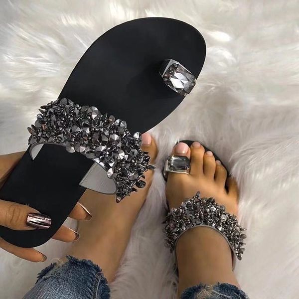 

new summer rhinestones open toe sandals women black/silver flats sandalias mujer 2020 fashion party casual shoes woman