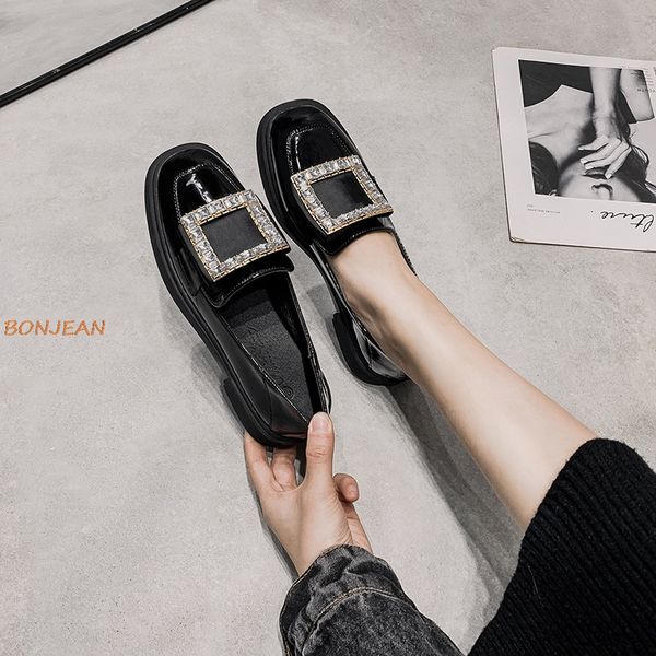 

spring autumn new women pumps fashion crystal buckle decoration square heel solid ladies elegant vintage women's leather shoes, Black