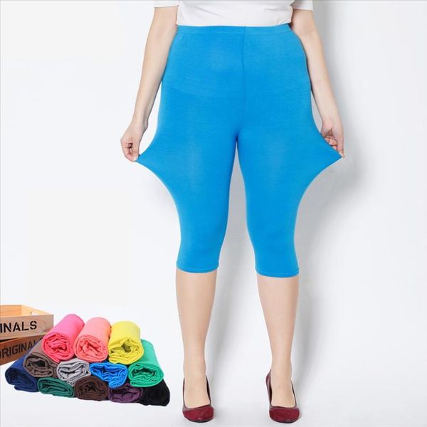 

summer style big elastic plus size 7xl big size candy color modal mid calf leggings women pants, Black