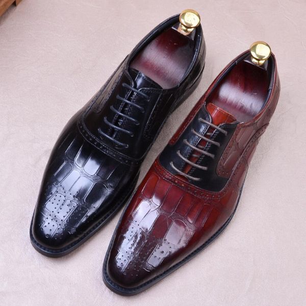 

dress shoes italian style man medallion brogue genuine leather formal suit oxfords pointed toe men's wedding welted flats ss526, Black