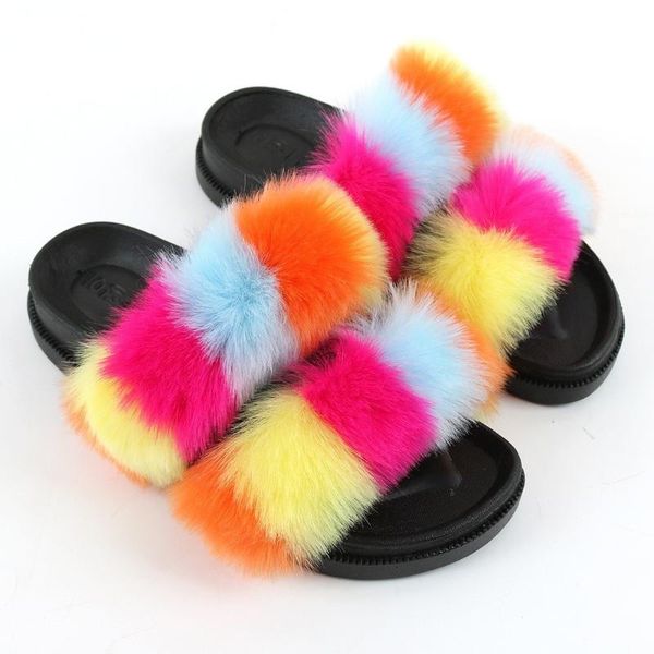 

women fur slides summer faux fur slippers home furry flat sandals indoor flip flops fluffy women house shoes d0, Black