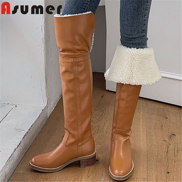 

asumer 2020 new arrive winter shoes women over the knee boots round toe solid colors square heel fashion casual shoes ladies, Black