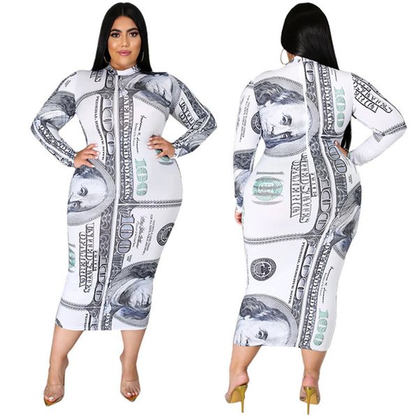 

plus size women long dress dollars print long sleeve dresses fashion high-collared one-piece skirt bodycon autumn dress ladies outfits l-5xl, White