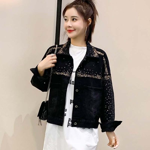 

2020 autumn womens sequin embroidery denim jacket loose fashion new vintage overcaot long sleeve ladies jackts casual black, Black;brown