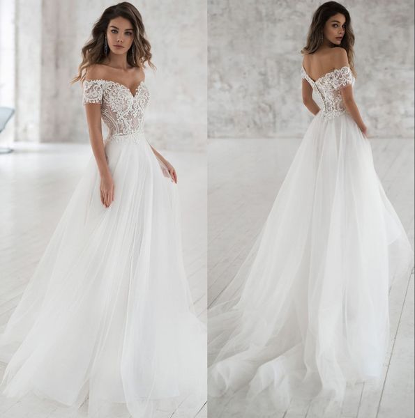 

Elegant Off-shoulder Boho Wedding Dresses 2020 Custom Made Soft Tulle Illusion Lace Applique A-line Wedding Bridal Gown Vestidos de Novia
