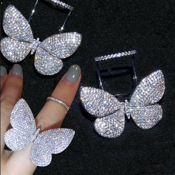 

choucong sparkling luxury jewelry internet celebrity 925 sterling silver pave full white sapphire cz diamond butterfly wings women ring gift, Slivery;golden