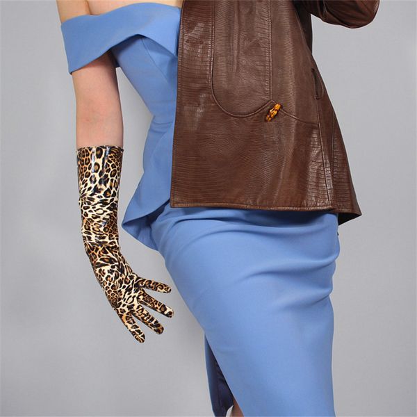 

five fingers gloves medium long section leopard leather 40cm patent simulation pu bright golden brown animal pattern, Blue;gray