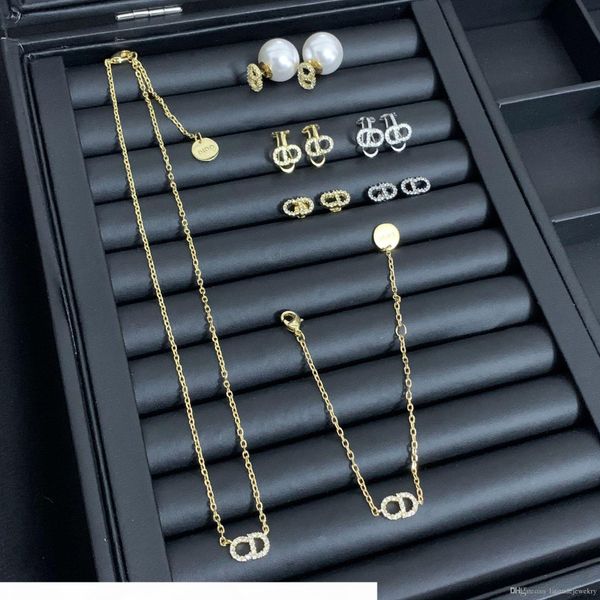 

luxury designer jewelry women necklace thin chains with letter diamond pendant necklace earrings and bracelets suit fashion jewelry, Silver