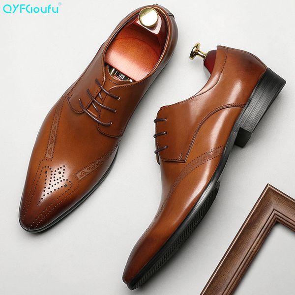 

qyfcioufu summer fashion formal shoes men genuine leather men's dress shoes classic vintage wedding office oxford for men, Black