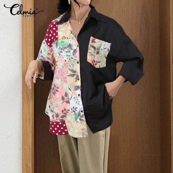 

women's shirt asymmetrical fashion blouse celmia 2020 autumn long sleeve casual floral print patchwork tunic vintage blusas, White