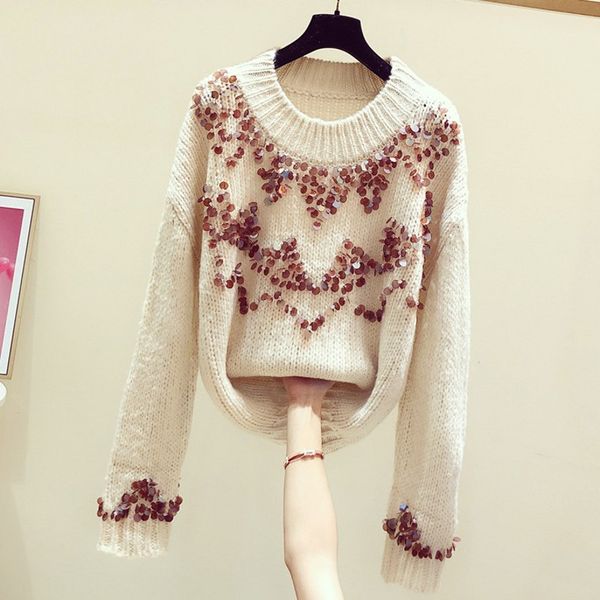 

handmade sequins o neck long sleeve pullovers sweaters 2020 new autumn winter all-match loose female knitted for mujer, White;black