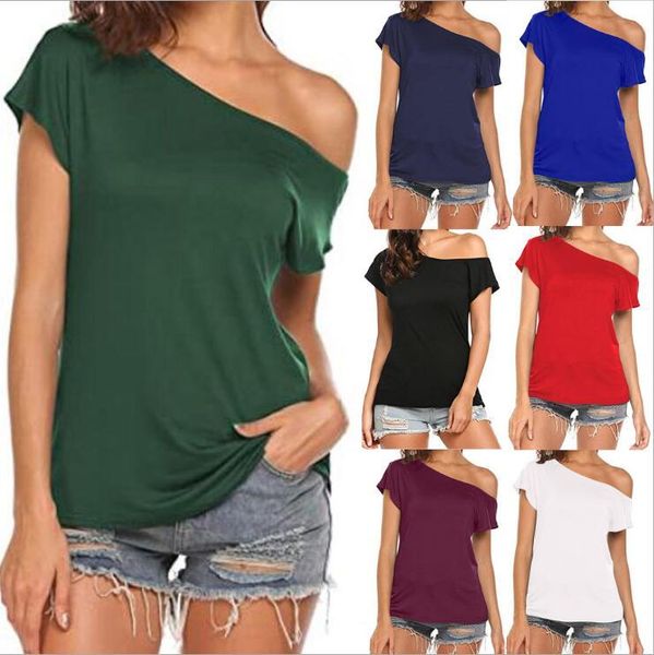 

women lady female one shoulder crop slash neck irregular short sleeves tshirt tank summer beach vest summer fashion clothes, White