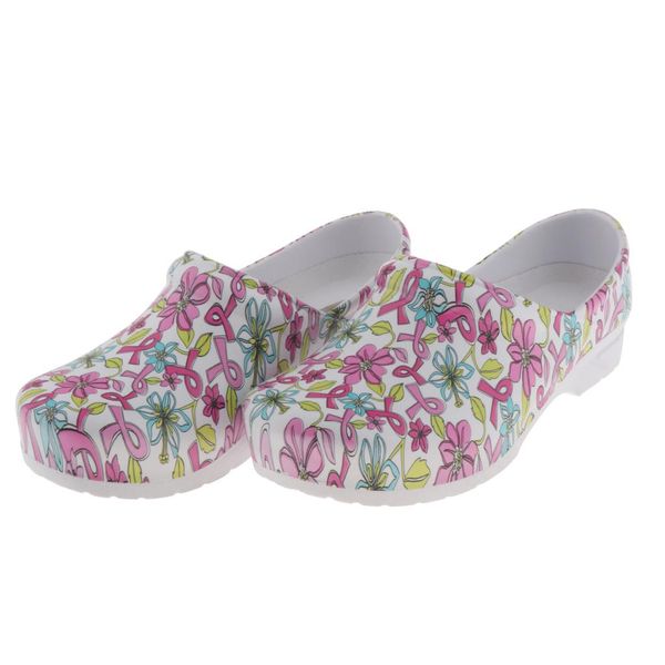 

women pink ribbon flowers pattern work shoes for nursing chef kitchen restaurant, summer casual slip resistant clogs flat shoes