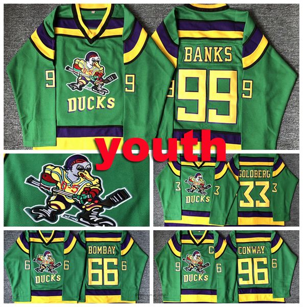 

youth kids mighty ducks movie jersey #33 greg goldberg 66# gordon bombay #96 charlie conway #99 adam banks hockey jerseys stitched green, Black;red