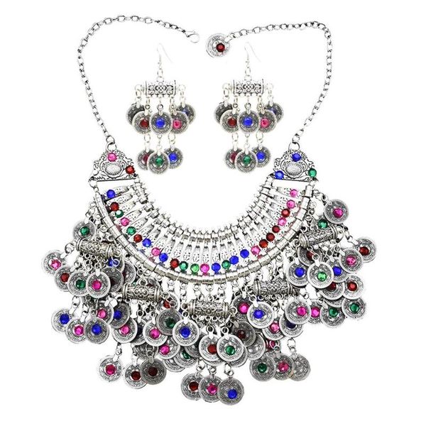 

fashion egypt coin colorful rinestone crystal statement necklace earrings jewelry sets for women turkish gypsy party jewe, Silver