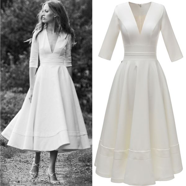 Vestidos de noiva vintage vestidos nupciais um comprimento linetea branco macio cetim meia manga profunda v garganta jardim noiva vestido