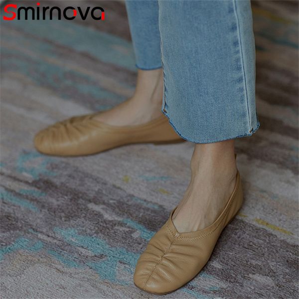 

smirnova 2020 full genuine leather shoes ladies round toe pleated basic style flat shoes spring summer single ladies, Black